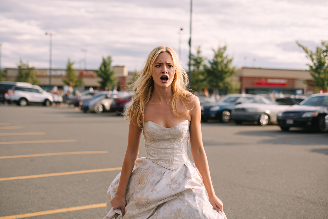 An angry bride in a parking lot | Source: Midjourney