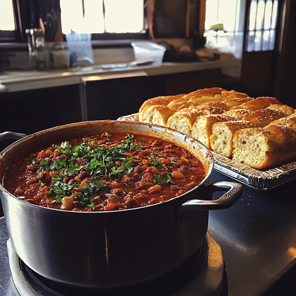 A pot of chili and a tray of garlic bread | Source: Midjourney