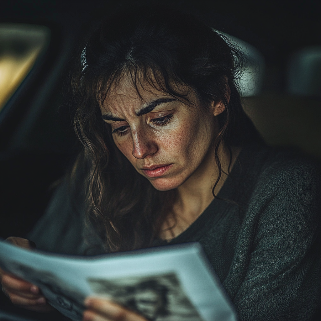 An emotional woman seated in her car, shocked as she looks at a drawing | Source: Midjourney