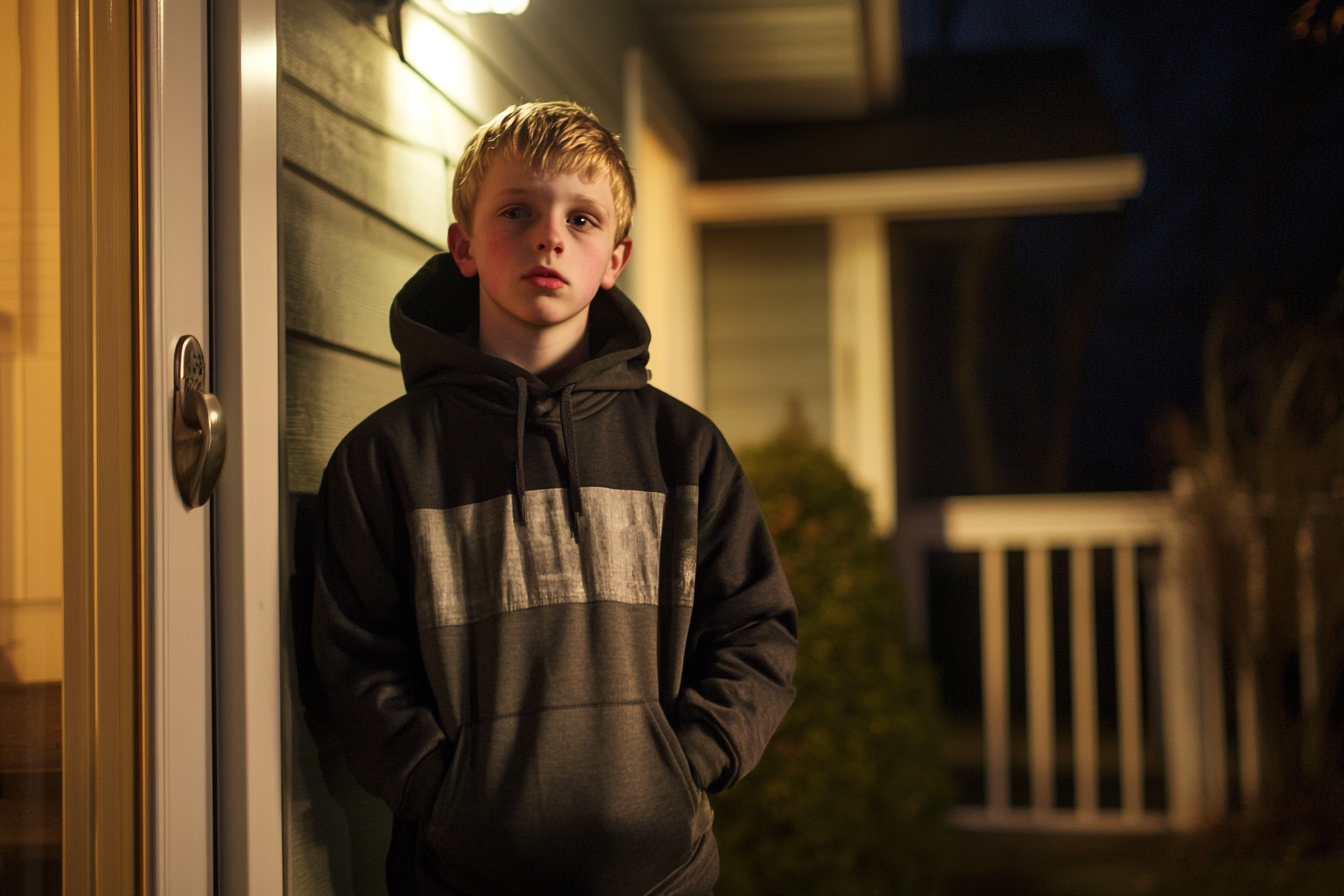 A young teen boy standing on a porch at night | Source: Midjourney