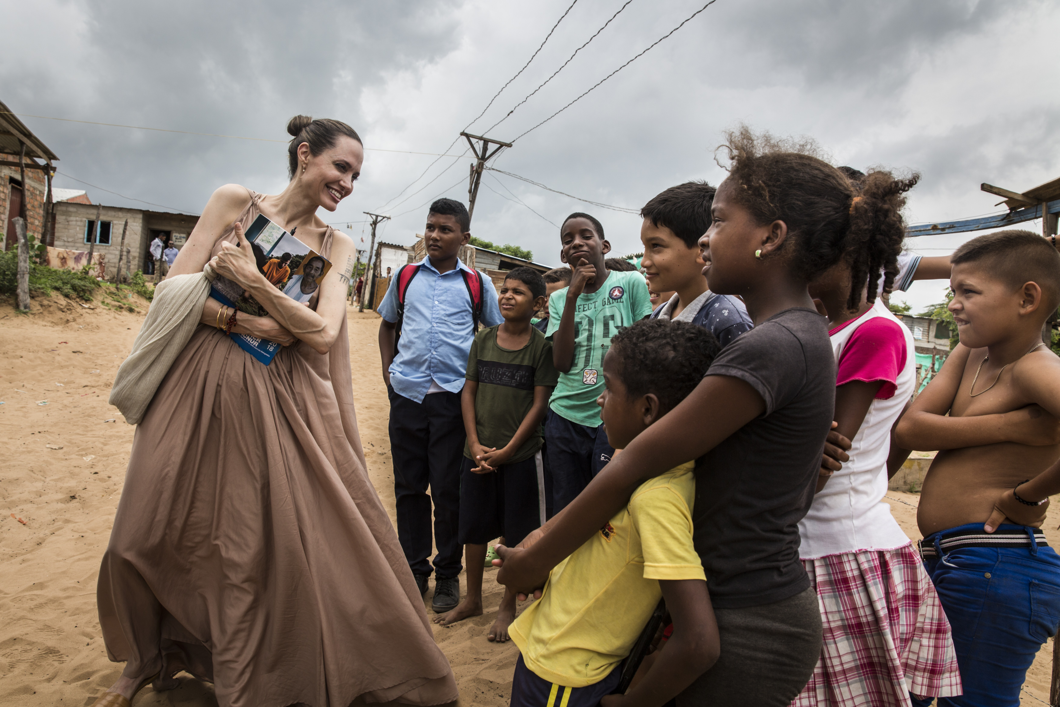Angelina Jolie speaks with children in Riohacha, Colombia, on June 7, 2019. | Source: Getty Images