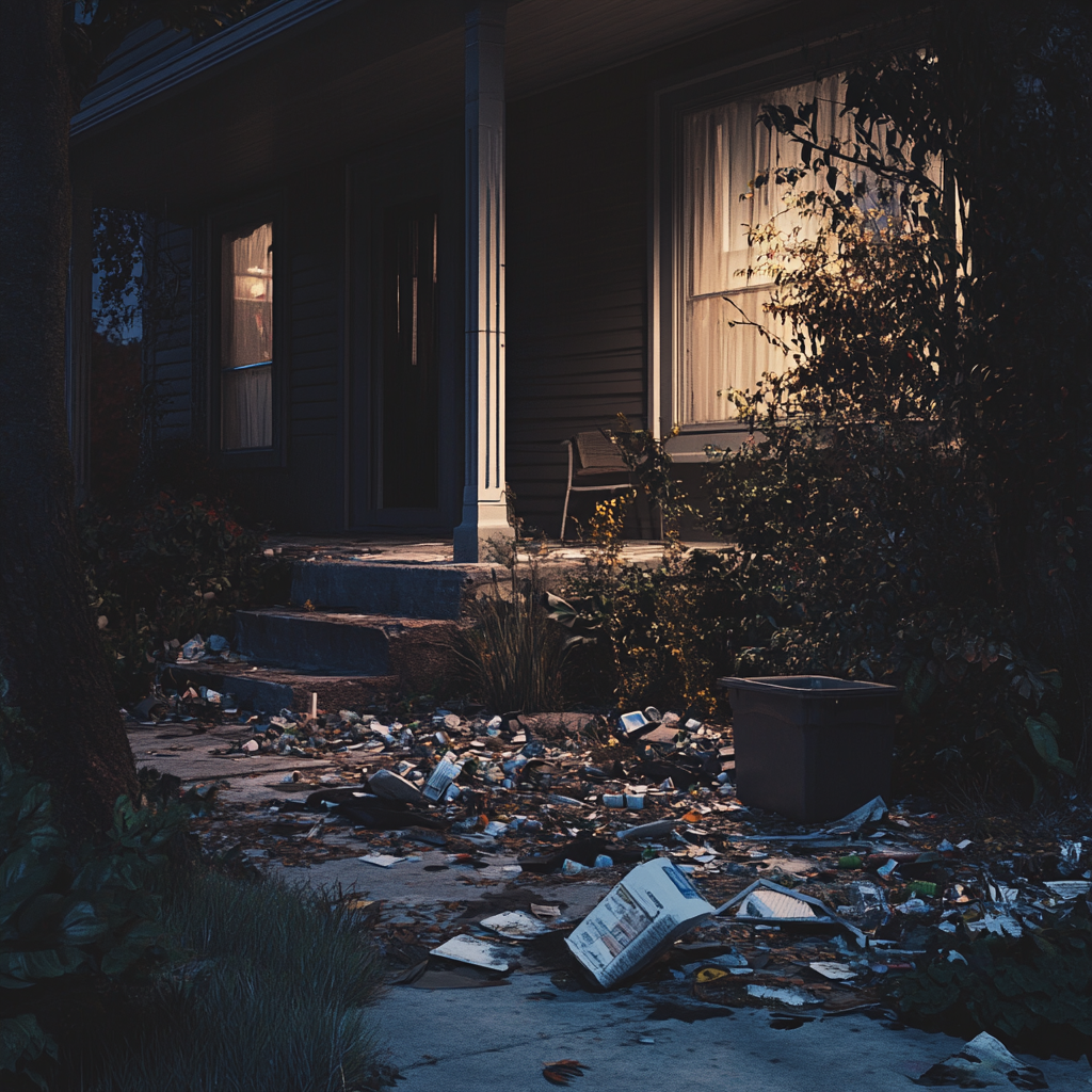 Trash outside a house at night | Source: Midjourney