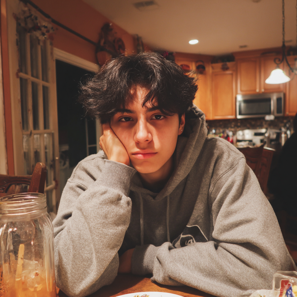 A bored teenage boy sitting at a dinner table | Source: Midjourney