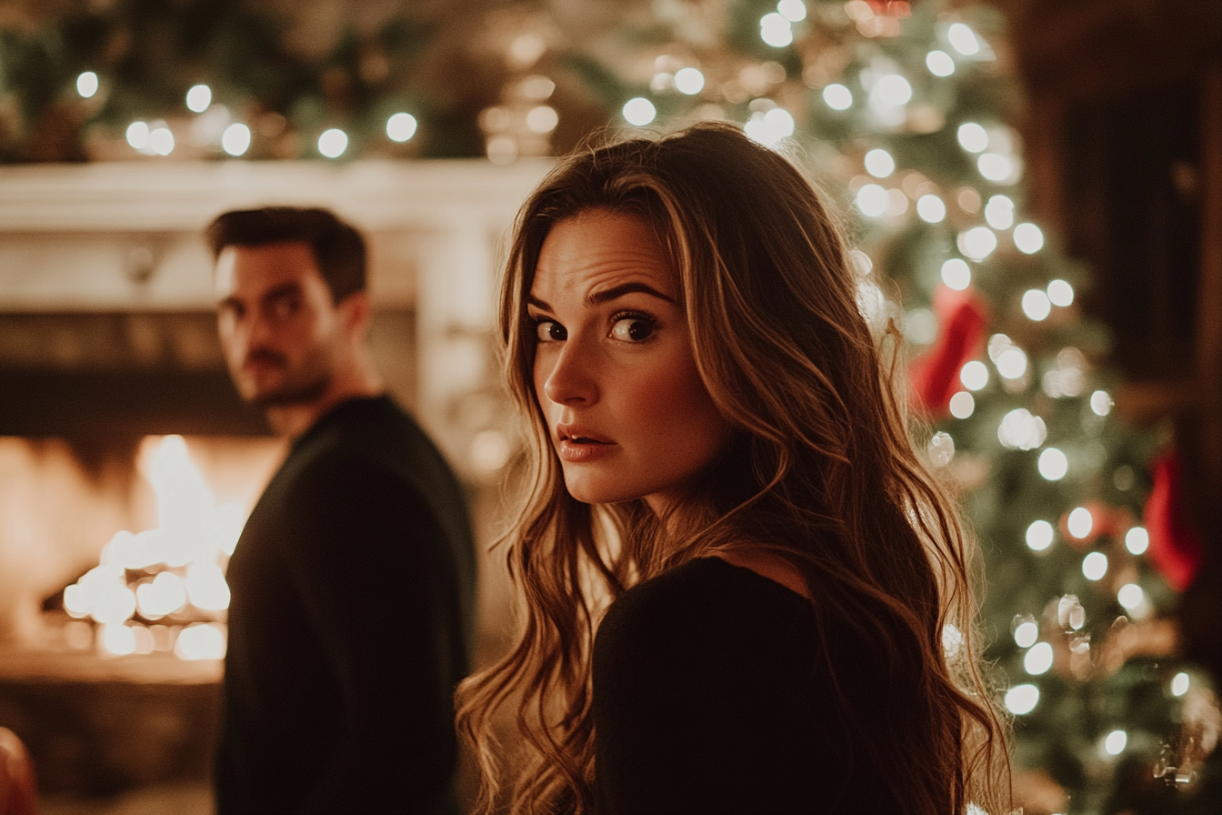 Woman in her 30s standing next to her husband looking surprised at someone in front of a Christmas tree and fireplace | Source: Midjourney