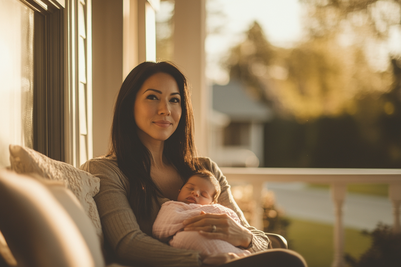 A woman sits on a porch holding a baby in a pink blanket | Source: Midjourney