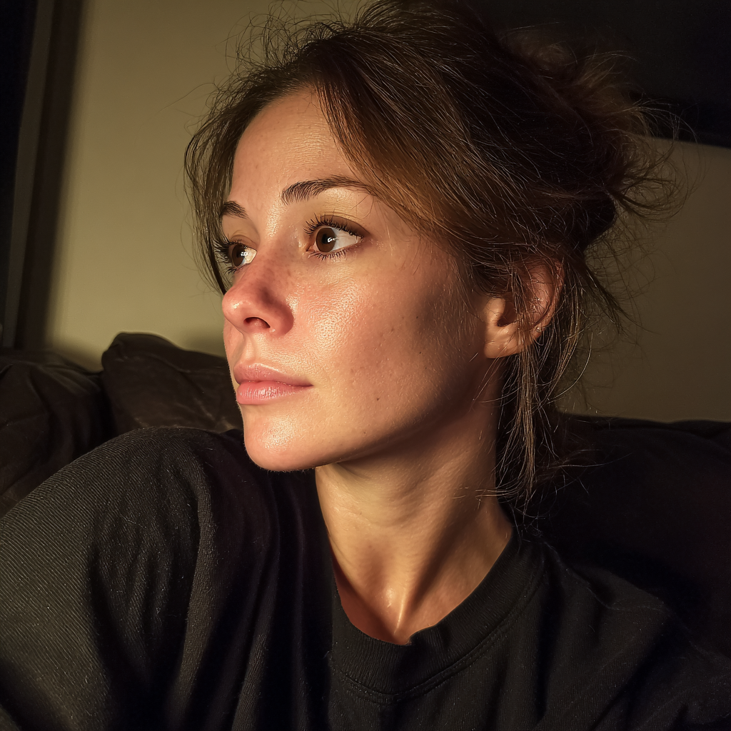 A worried woman sitting on a couch | Source: Midjourney