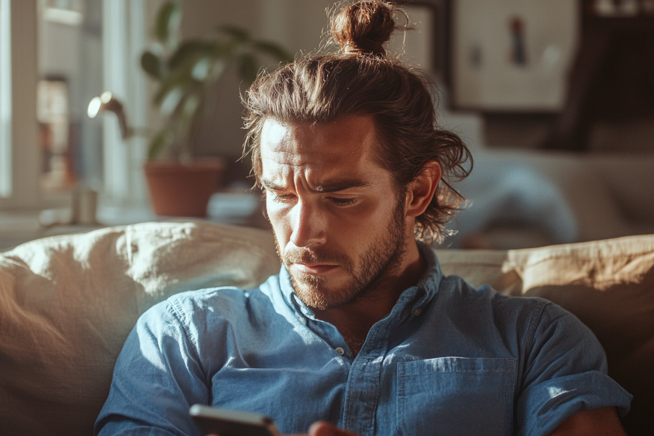 A man looks at his phone on the couch in his living room | Source: Midjourney