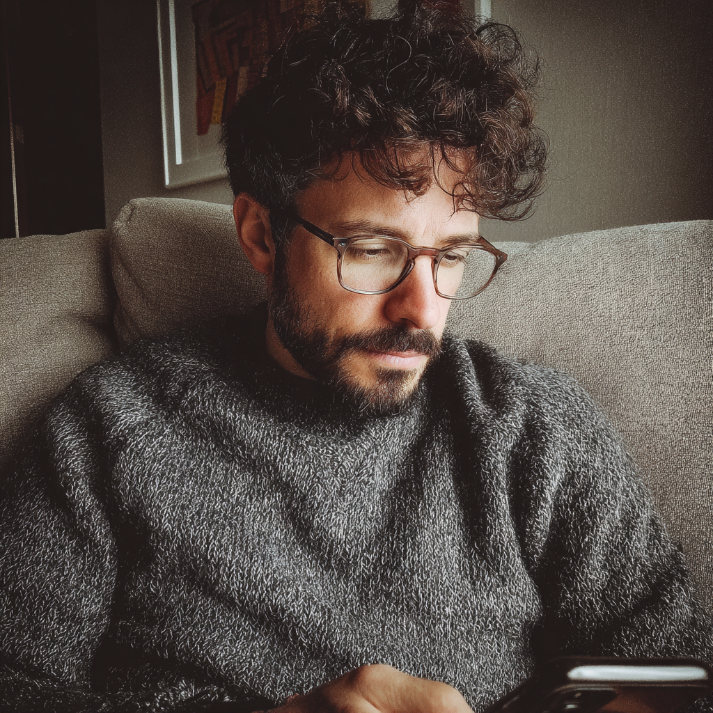 A man sitting on a couch and using his phone | Source: Midjourney