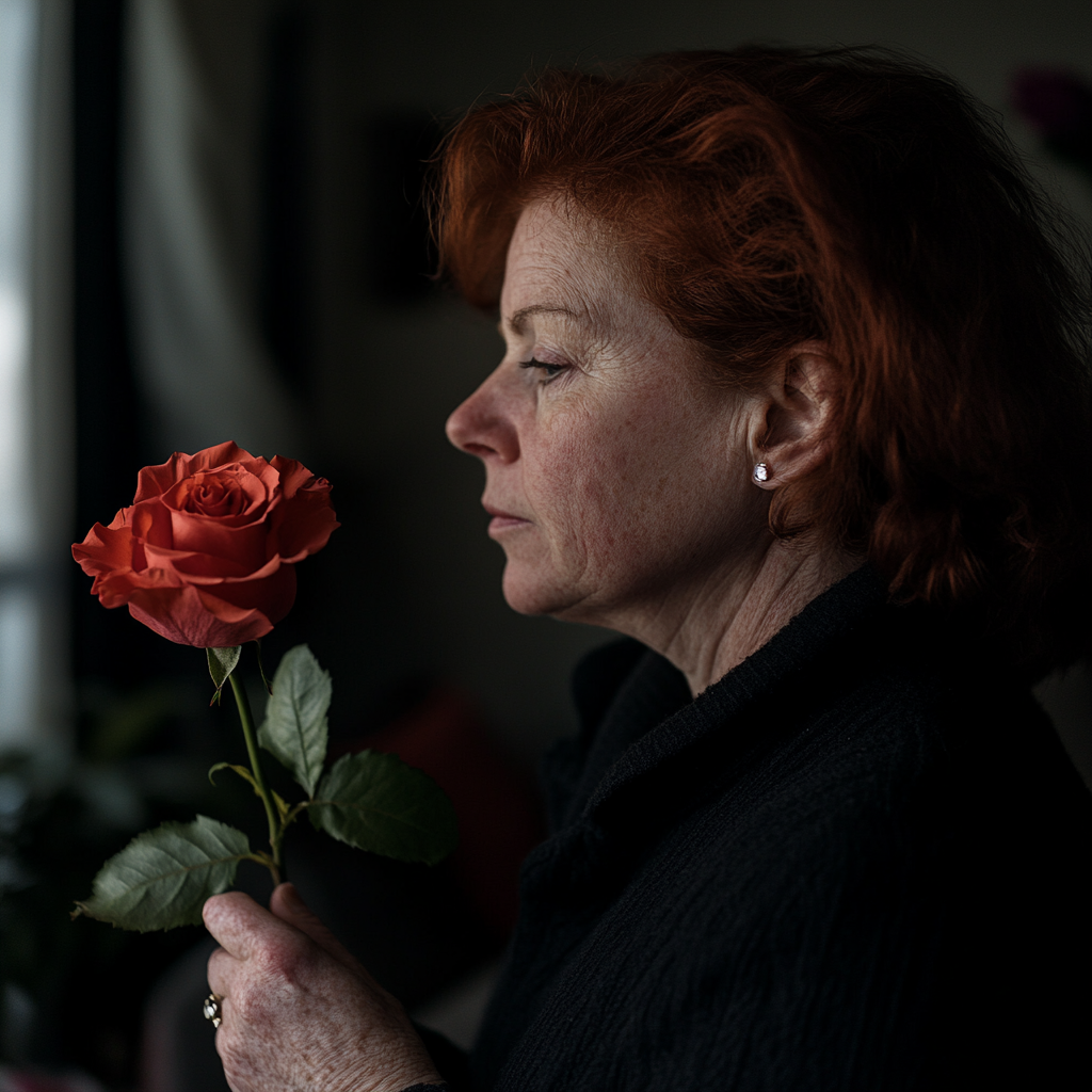 A nervous woman looking at a rose | Source: Midjourney