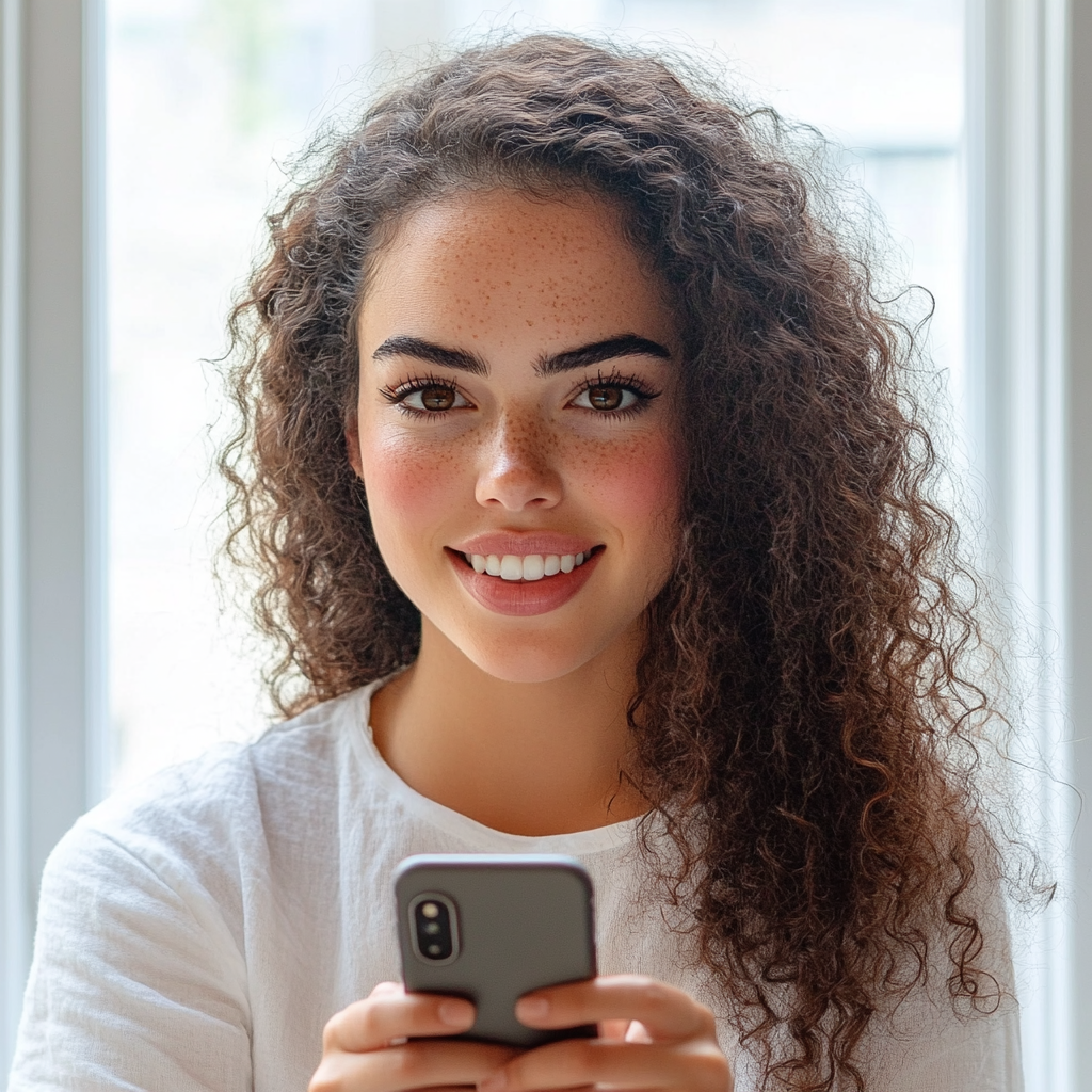 A cheerful woman holding her phone | Source: Midjourney