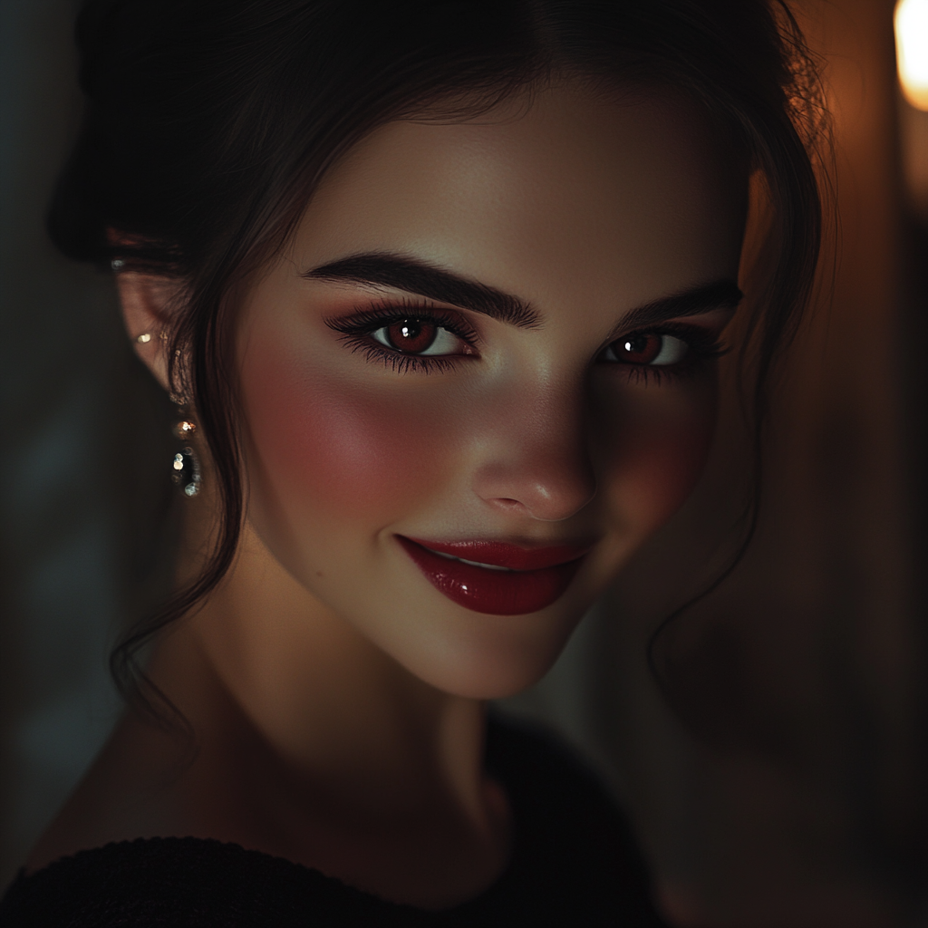 Woman with a satisfying smile looking at someone off camera | Source: Midjourney