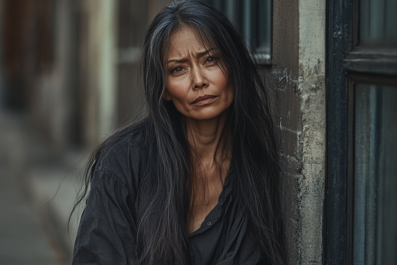 A homeless woman standing next to a building | Source: Midjourney