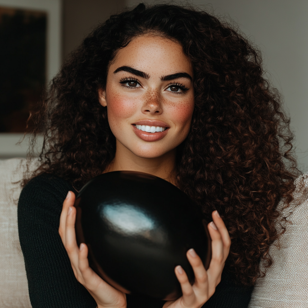 A smiling woman holding a big black egg | Source: Midjourney