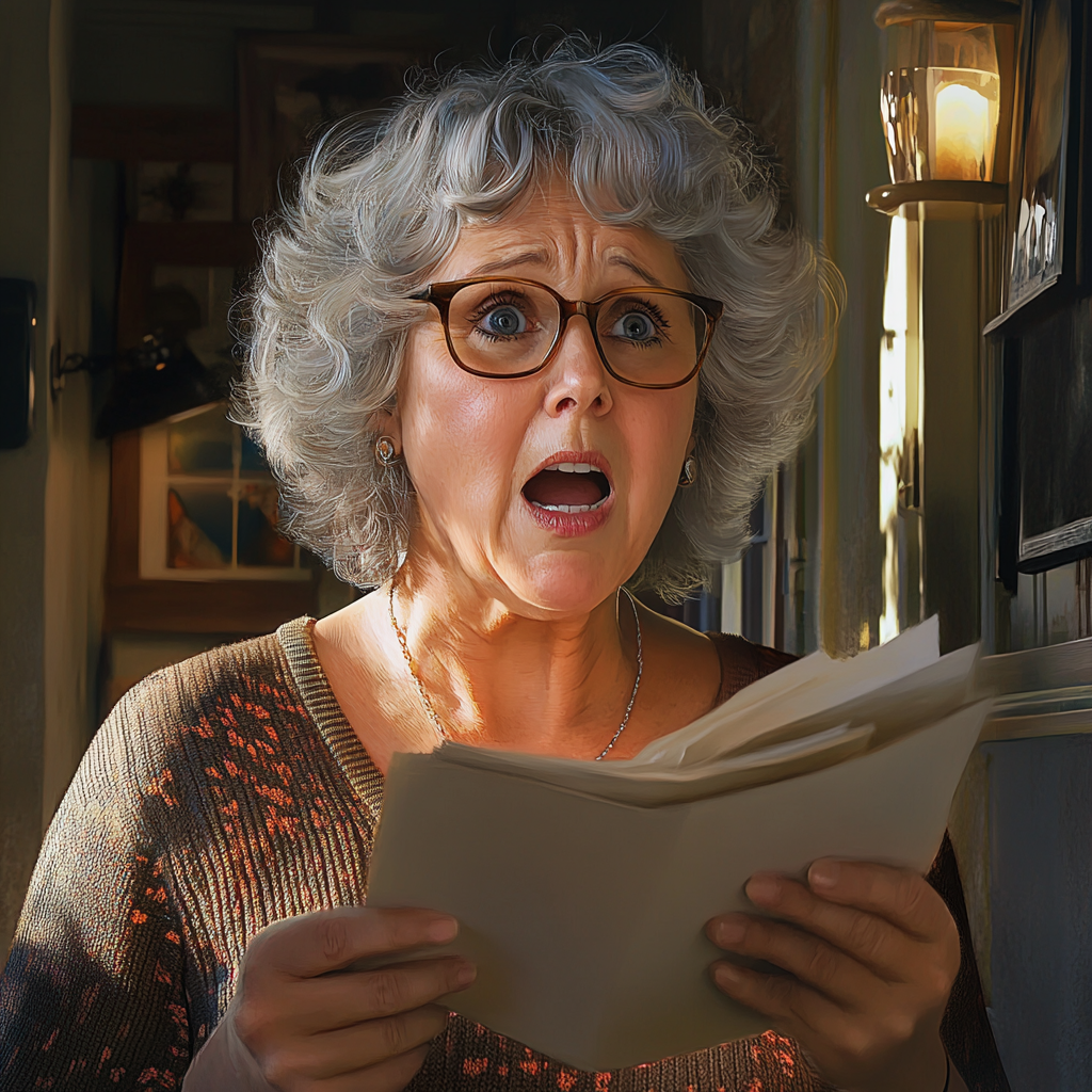 A shocked older woman holding a stack of documents | Source: Midjourney