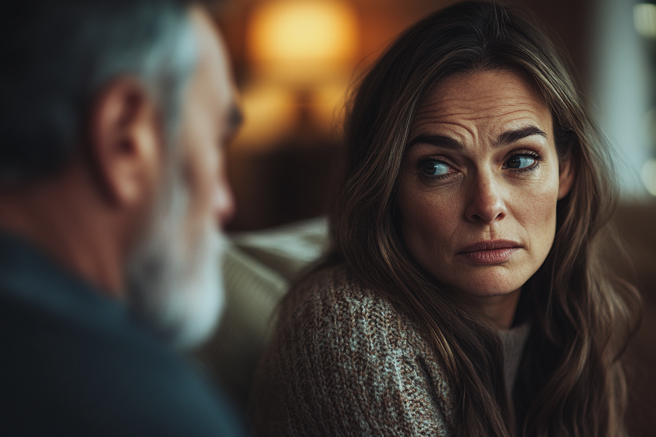 A disappointed and angry woman engaged in a tense conversation with her husband, her brows furrowed as he looks away | Source: Midjourney