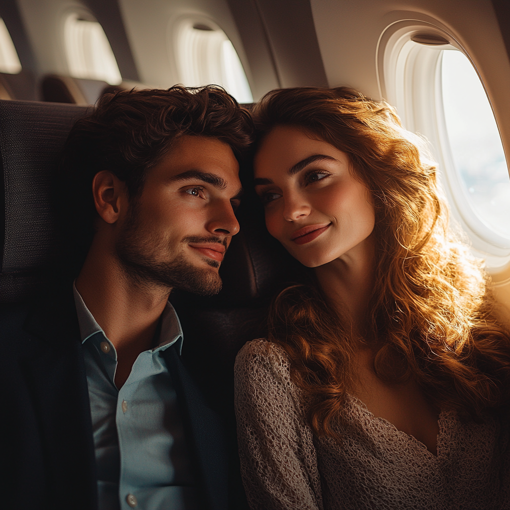 A happy couple sitting on a plane | Source: Midjourney