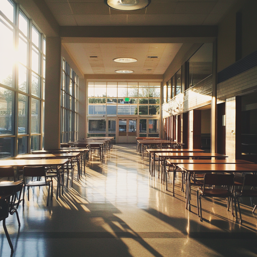 The interior of a school cafeteria | Source: Midjourney