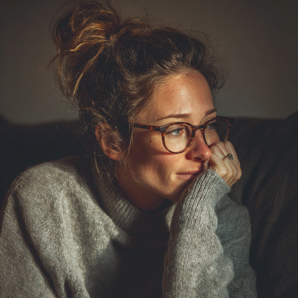 An emotional woman sitting on a couch | Source: Midjourney