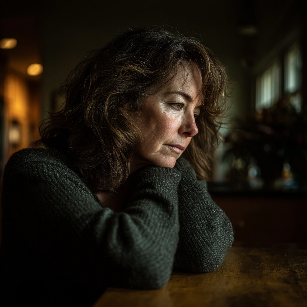 An older woman sitting at a table | Source: Midjourney