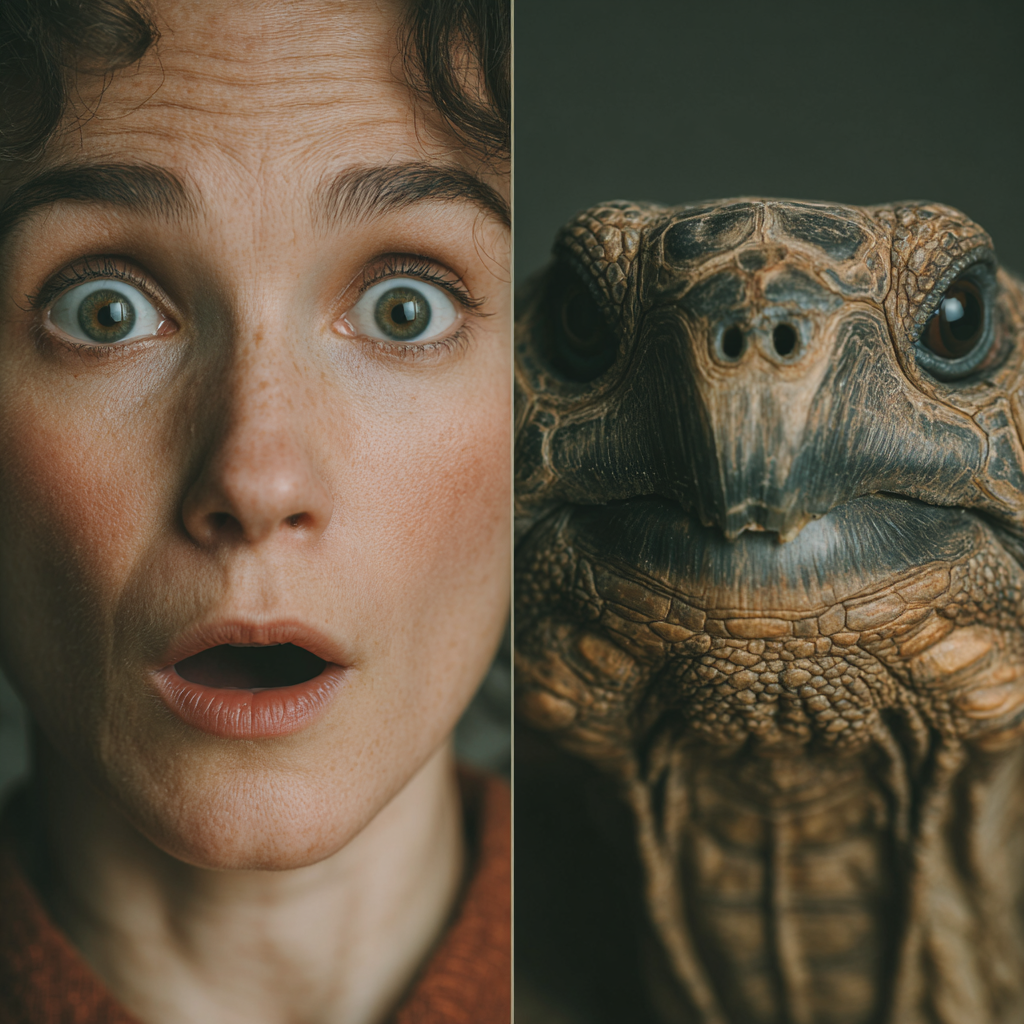 A surprised woman and turtle | Source: Midjourney