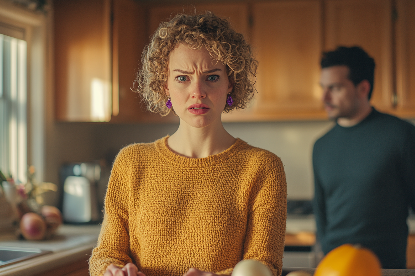 A woman looking worried while cooking as a man stands behind her, looking distant | Source: Midjourney