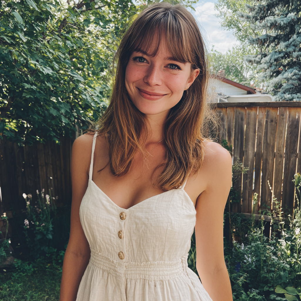 A smiling woman wearing a white linen dress | Source: Midjourney
