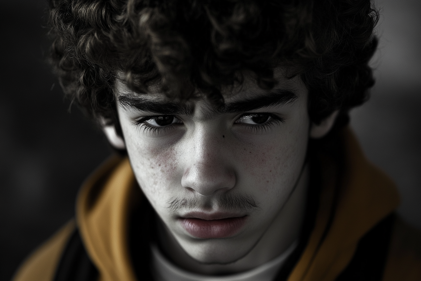 A teen boy with a grim look on his face | Source: Midjourney