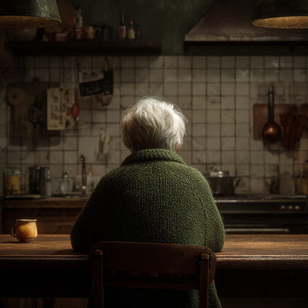 An elderly woman sitting in the kitchen | Source: Midjourney