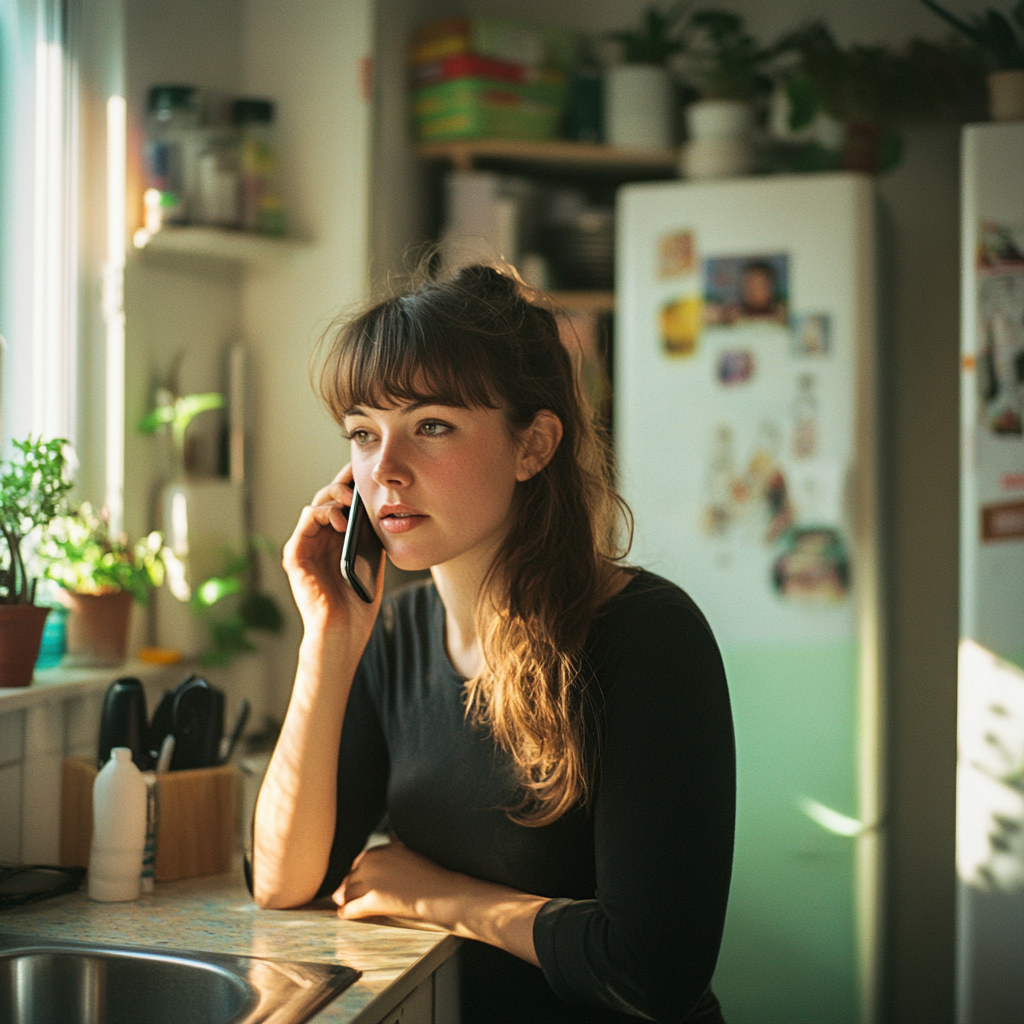 Woman sitting in her kitchen, talking on the phone | Source: Midjourney