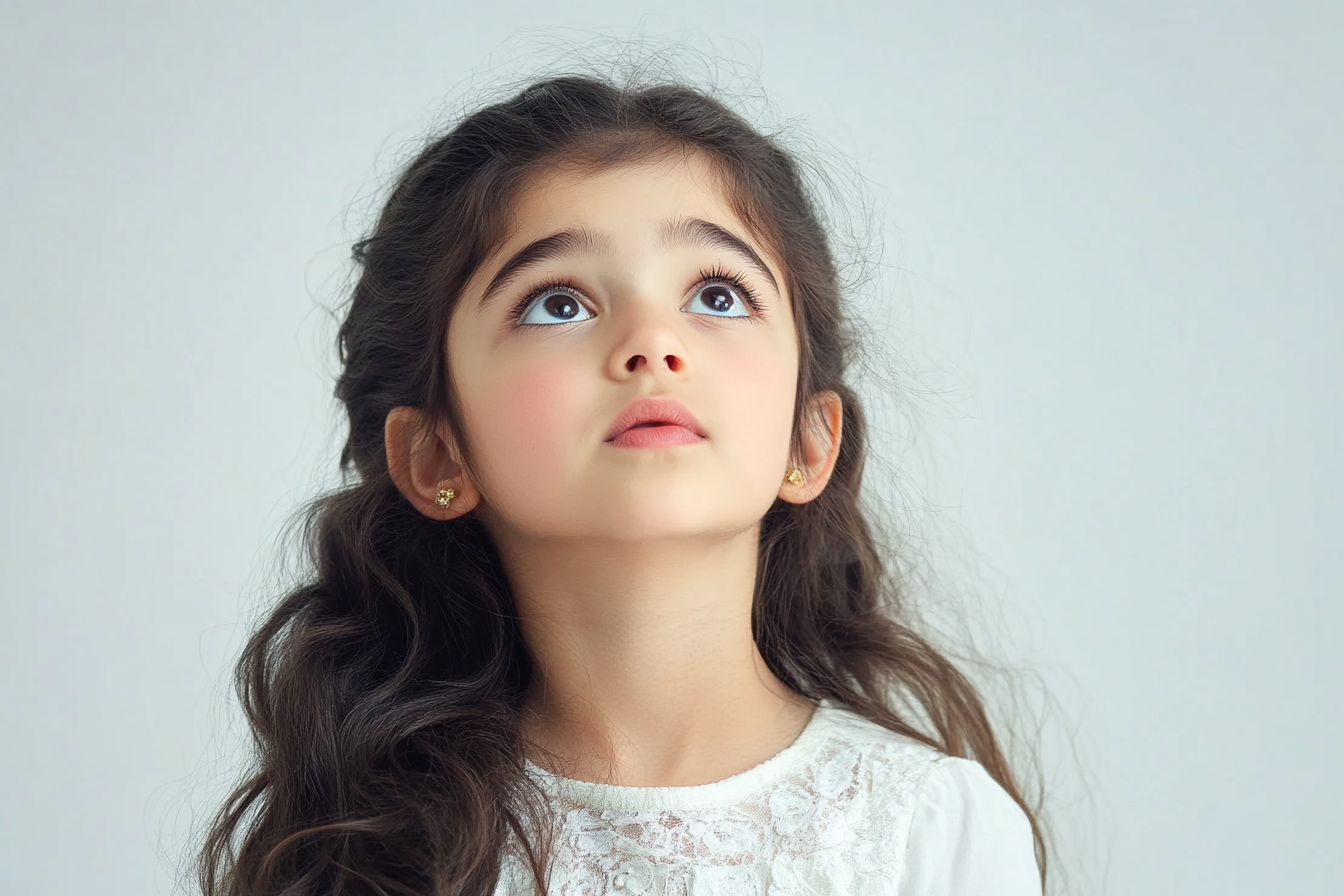 A sad young girl looking up at someone | Source: Midjourney