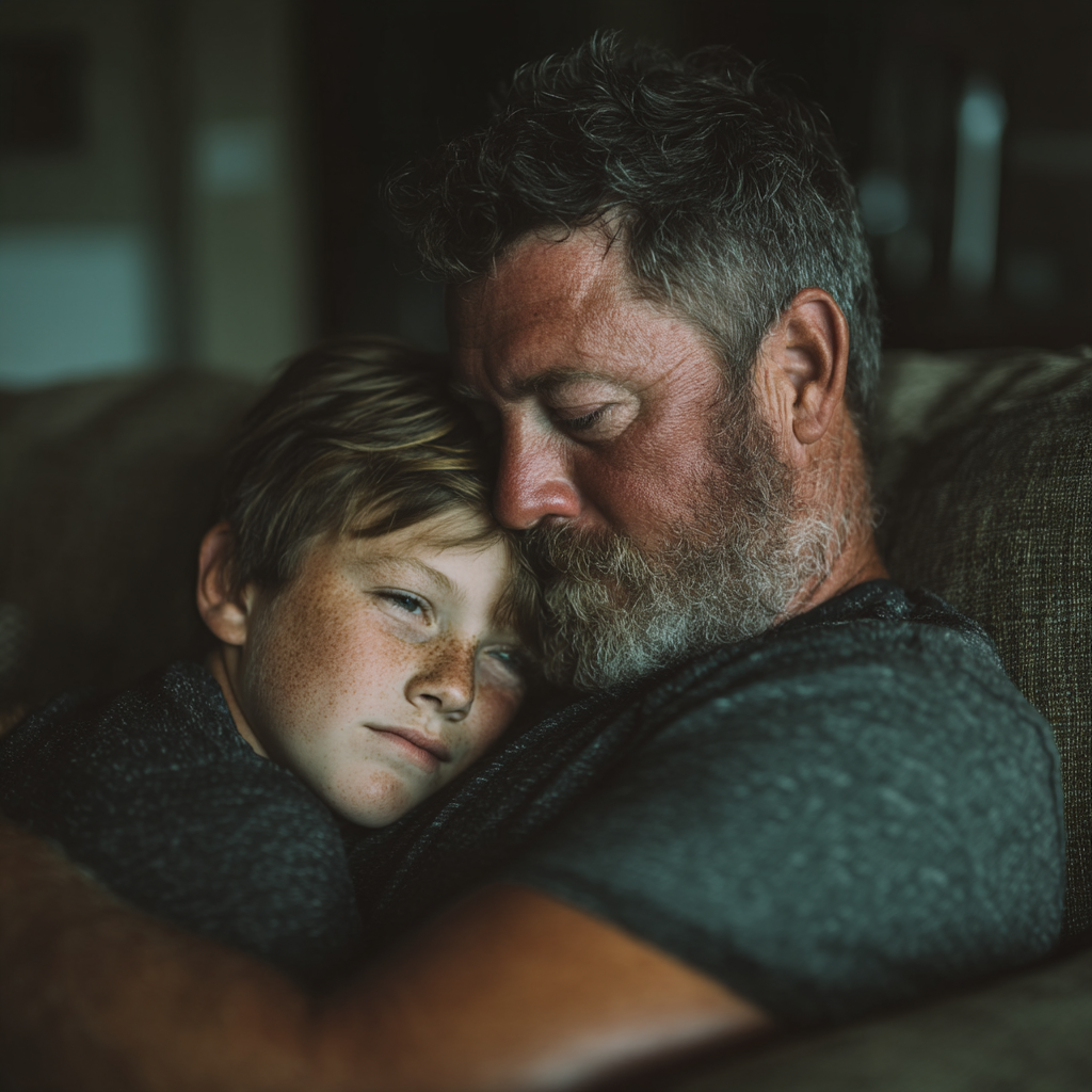 A father and son hugging | Source: Midjourney
