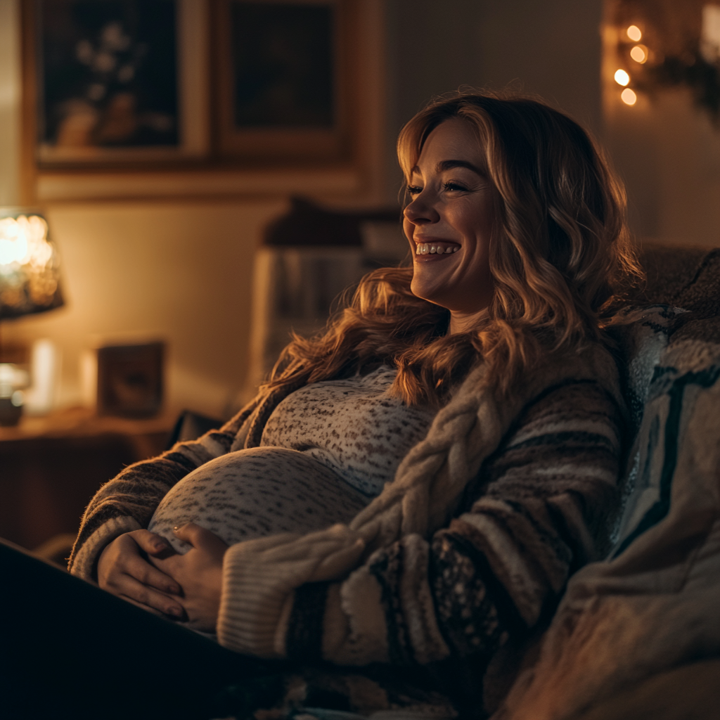 A pregnant woman laughs while relaxing on the couch | Source: Midjourney