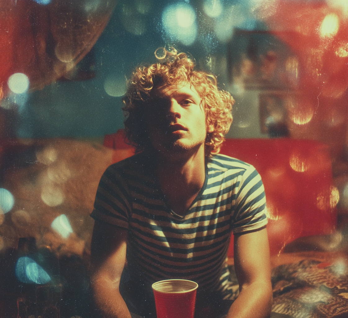A pensive man sitting on an air mattress at a party | Source: Midjourney