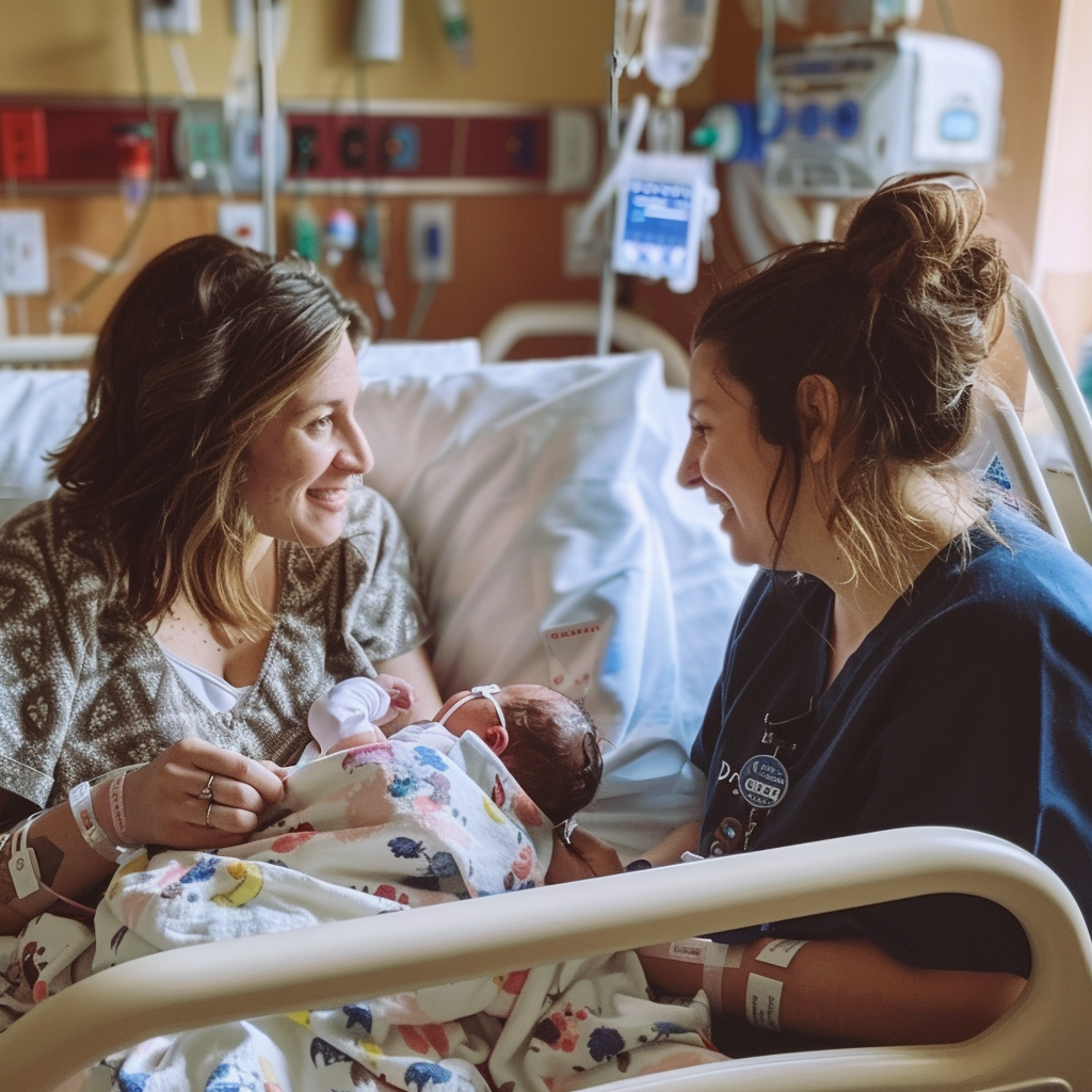 Sarah talking to hospital nurse | Source: Midjourney