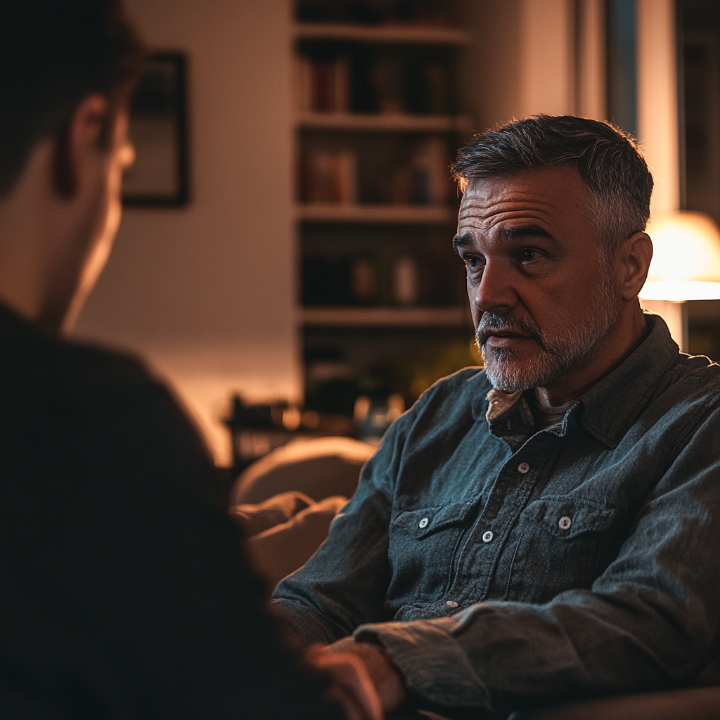 A man talking to his son in his living room | Source: Midjourney