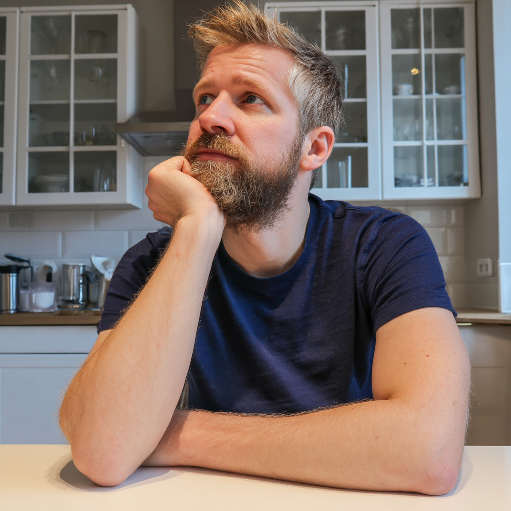 A pensive man sitting at a kitchen table | Source: Midjourney