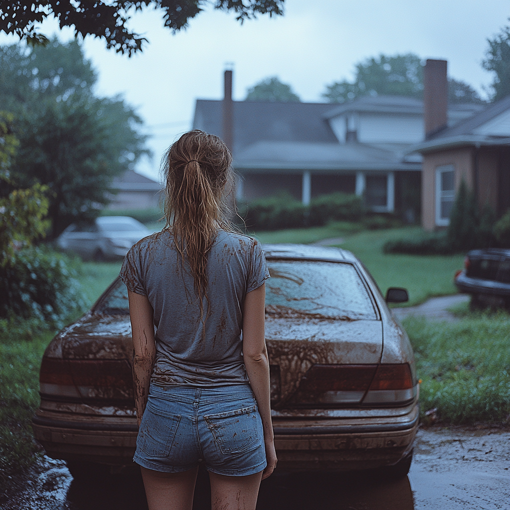 A woman looking at a dirty car | Source: Midjourney