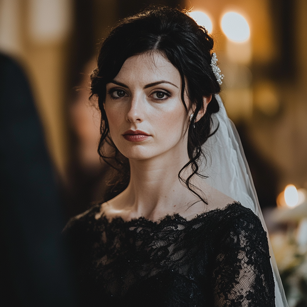 A serious bride in a black dress | Source: Midjourney