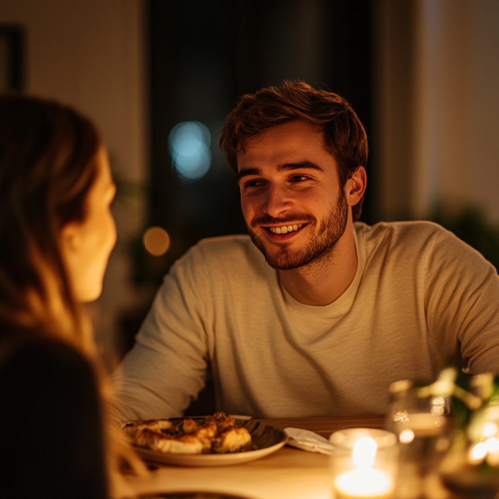 A man smiling at a woman over dinner | Source: Midjourney