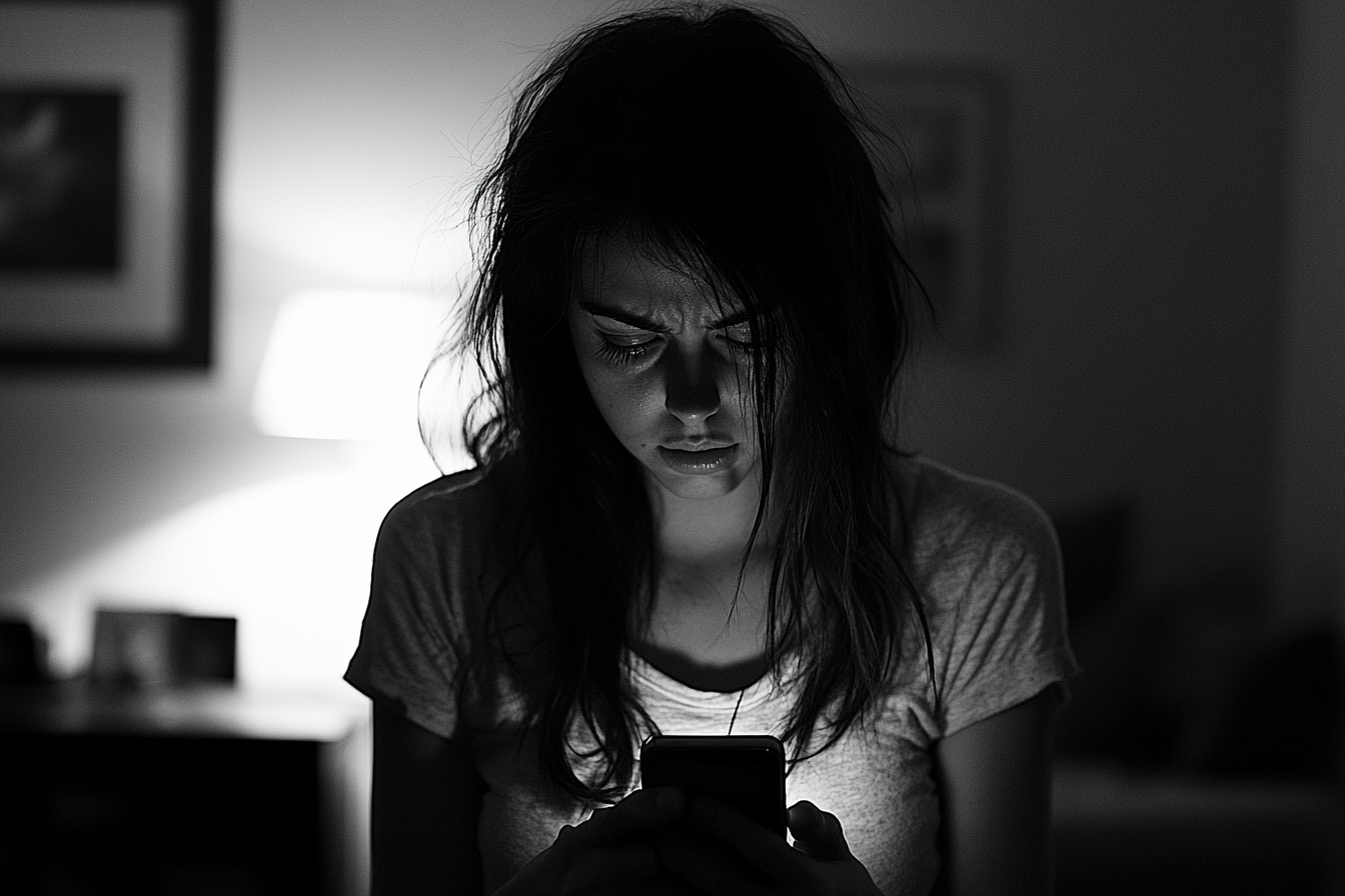 A distressed woman staring at a phone screen | Source: Midjourney