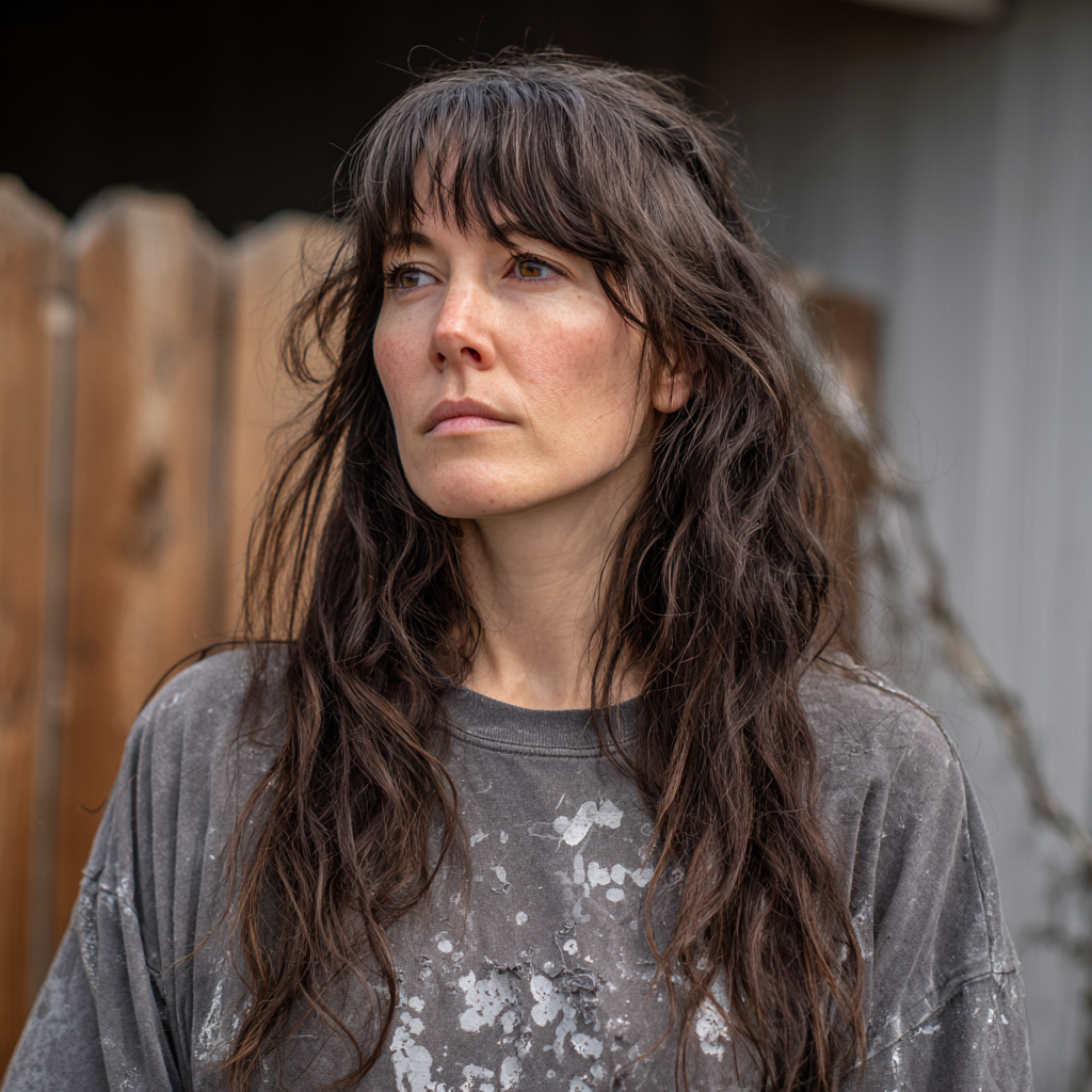 A close up of a woman wearing an old gray t-shirt | Source: Midjourney