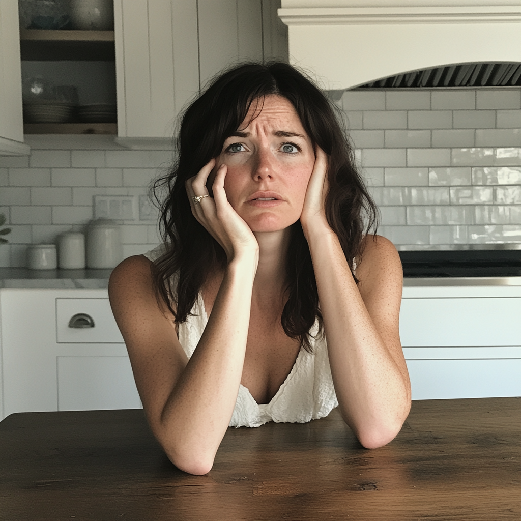 A frustrated woman sitting at a kitchen table | Source: Midjourney