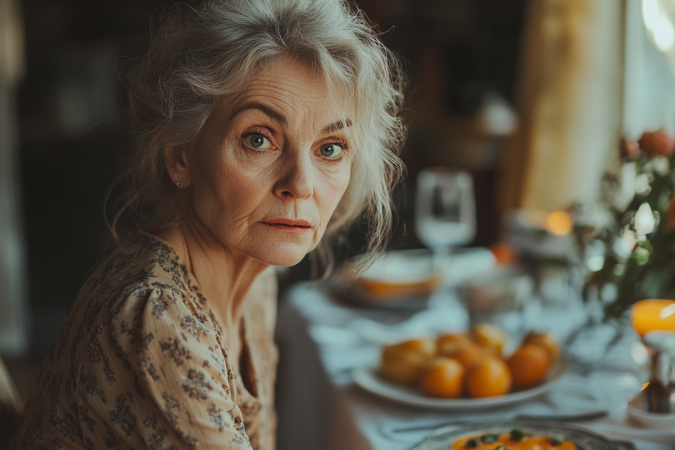 Disappointed senior woman at a dinner table | Source: Midjourney