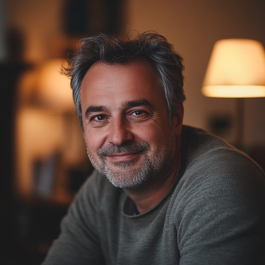 A smiling man in his living room | Source: Midjourney