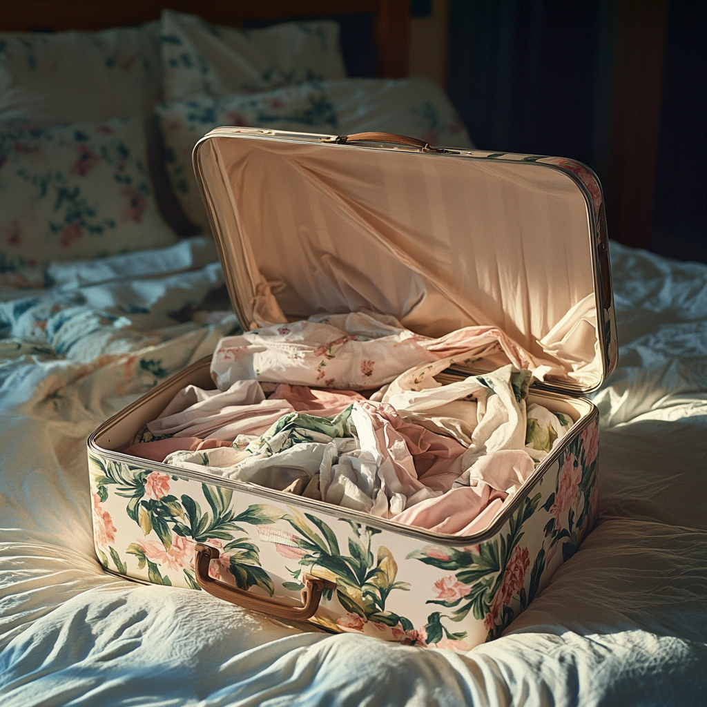 A suitcase stashed with clothes on a bed | Source: Midjourney