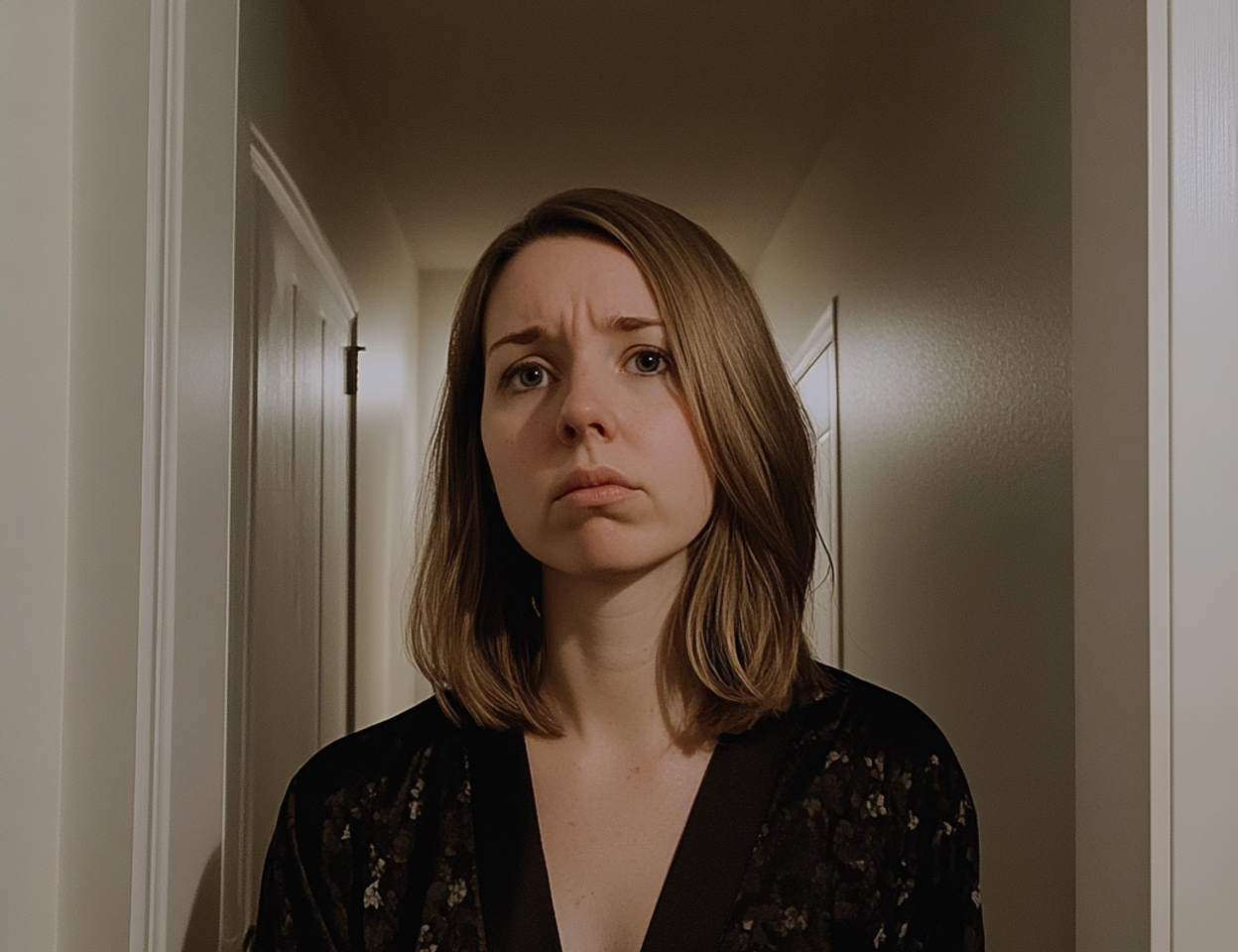 An emotional woman standing in a hallway | Source: Midjourney