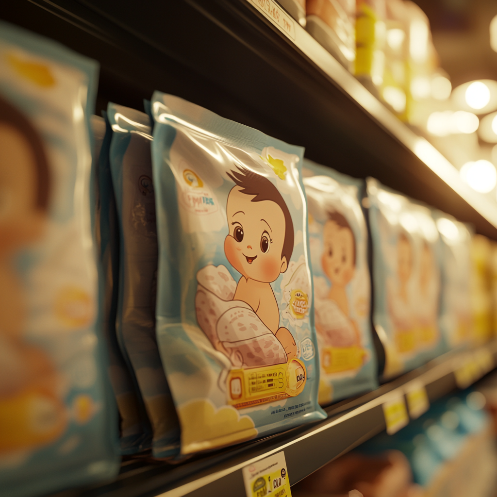 Packs of baby diapers in an aisle of a store | Source: Midjourney