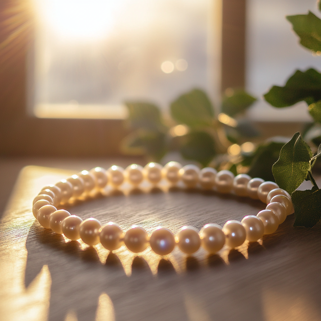 A pearl necklace on a table | Source: Midjourney