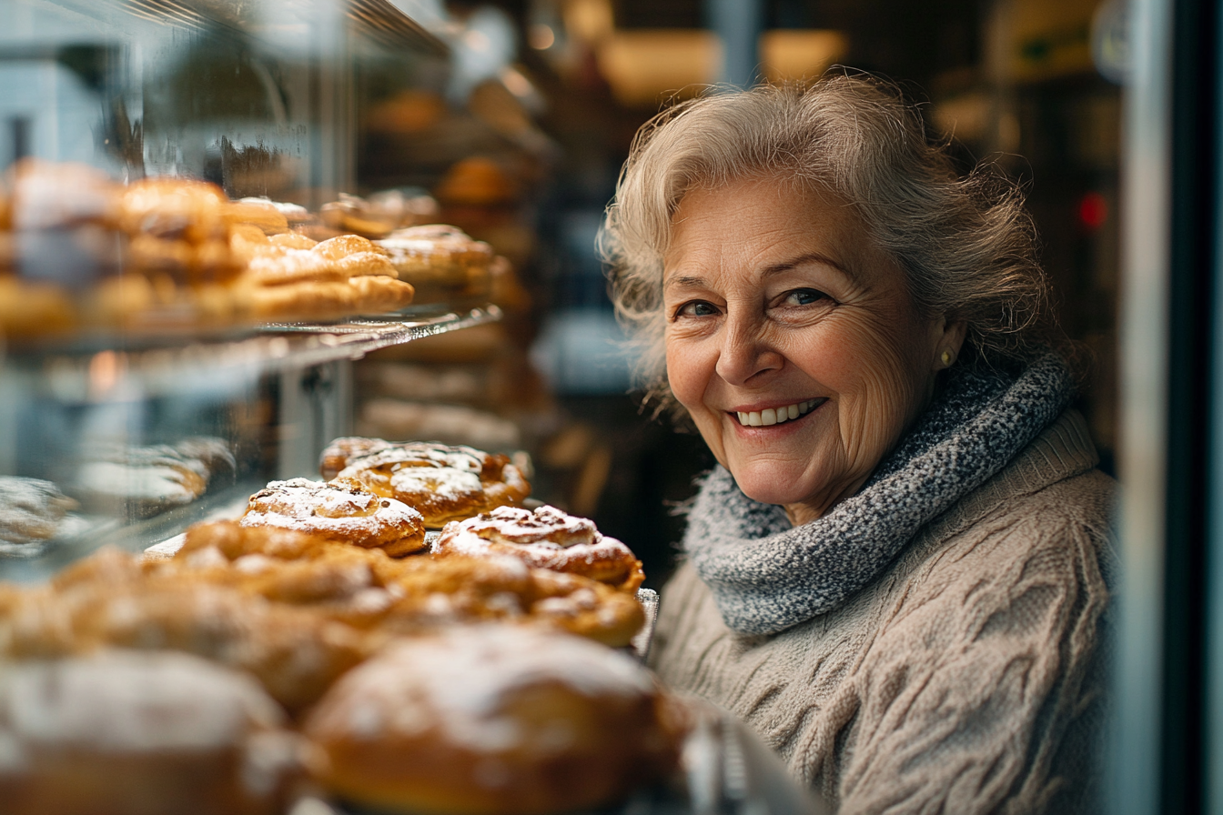 A woman examining baked goods in a display case | Source: Midjourney