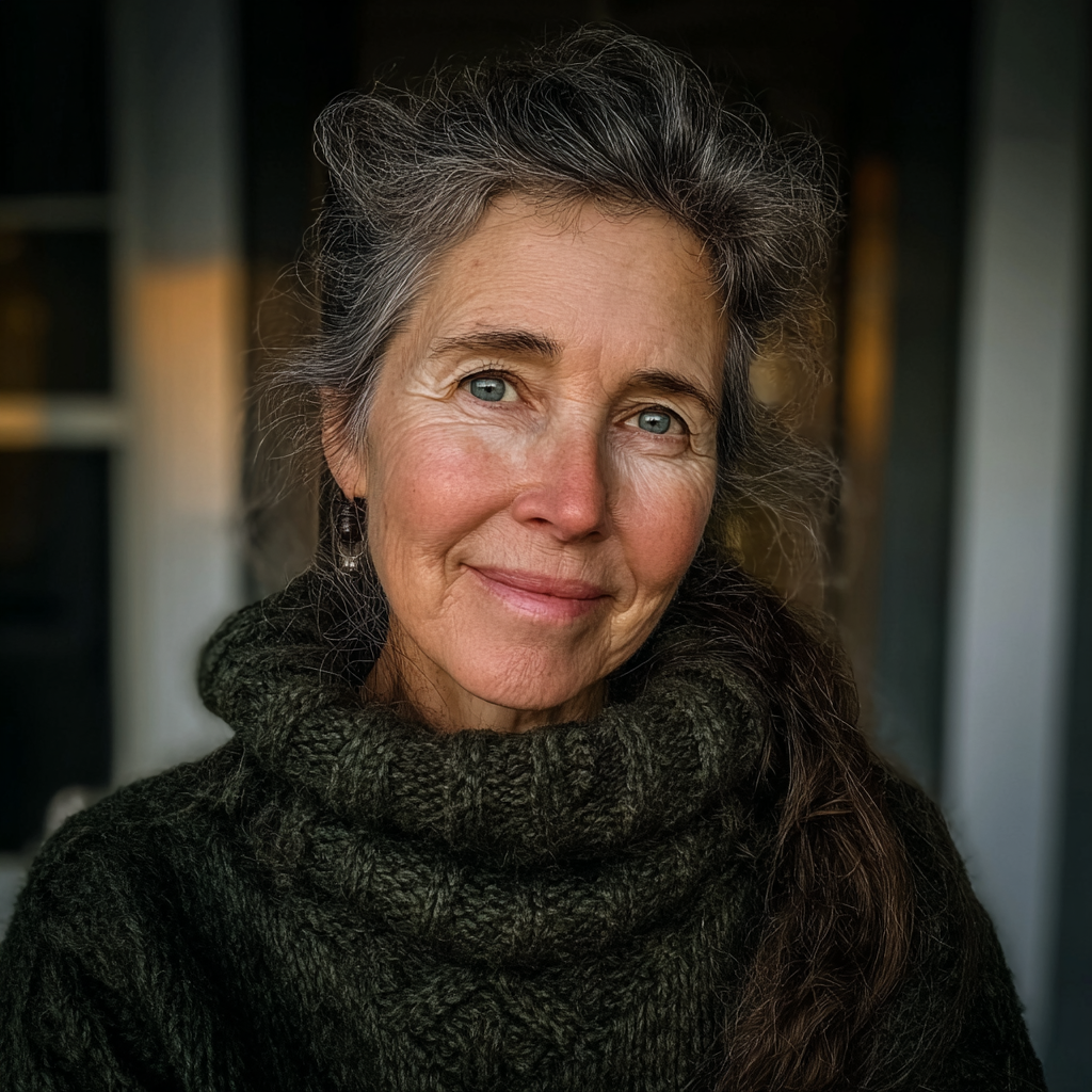 A smiling woman standing on a porch | Source: Midjourney